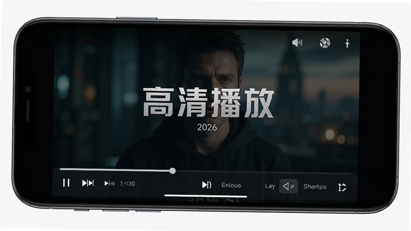 影视仓2026深色模式播放界面,主体为手机屏幕,布局为全屏视频播放,底部为控制条,包含进度条和清晰度选择,风格沉浸感强,细节精致,画质高清,干净,无多余元素,文字