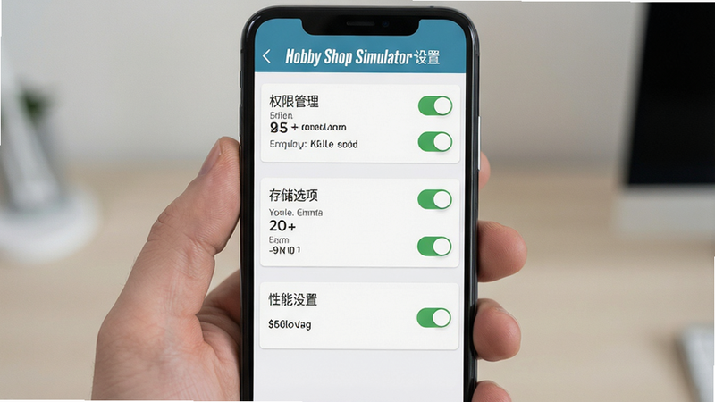 主体为手机屏幕上的游戏设置界面,布局为垂直列表,显示权限管理、存储选项和性能设置项,排版简洁,风格为扁平化UI,细节清晰显示开关状态,画质清晰,干净,无多余元素,文字标注