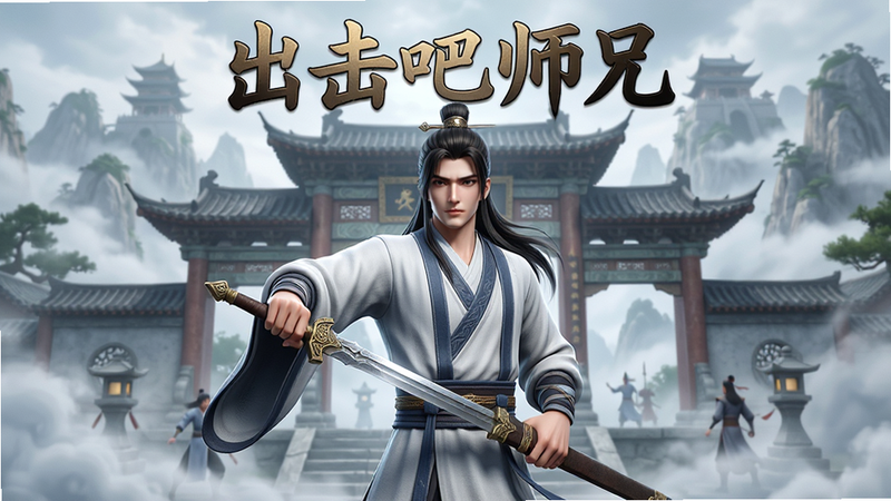 生成一张高清的《出击吧师兄》手机游戏主视觉海报,主体为身穿古风道袍的师兄角色手持长剑,背景是云雾缭绕的修仙宗门山门,布局居中,排版简洁大气,风格为写实国风3D渲染,细节丰富,画质4K,干净无多余元素,文字“出击吧师兄”清晰显示在顶部