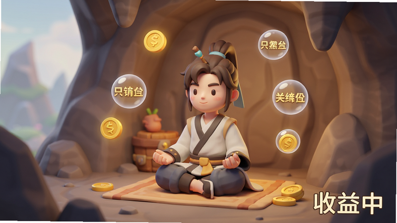 描绘《出击吧师兄》挂机场景,角色坐在山洞中打坐,周围漂浮着金币和经验值气泡,布局温馨宁静,排版留白得当,风格为卡通渲染,细节柔和,画质细腻,干净无多余元素,文字“收益中”显示在角落