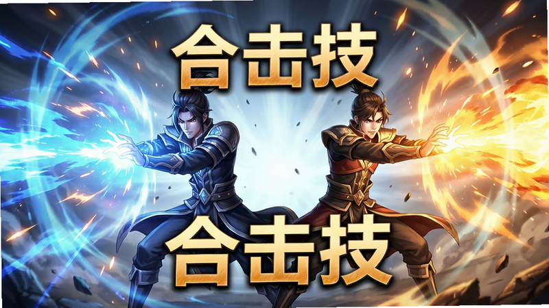 展示《出击吧师兄》合击技能释放瞬间,两名角色并肩作战,释放出巨大的能量波,布局充满动感,排版紧凑,风格为特效华丽,细节爆炸感强,画质极致,干净无多余元素,文字“合击技”醒目显示