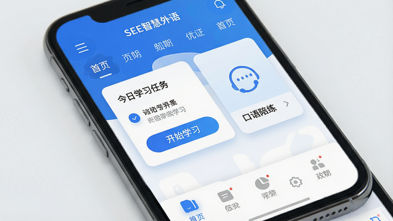 主体为手机屏幕界面,显示SEE智慧外语APP首页,布局清晰,顶部有导航栏,中间展示今日学习任务卡片,底部有功能菜单。风格为现代扁平化设计,色彩以科技蓝和白色为主,细节处有柔和阴影,画质高清,干净无多余元素,文字显示“SEE智慧外语”、“开始学习”、“口语陪练”。