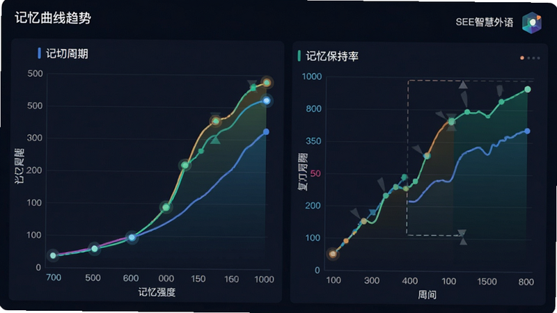 主体为图表界面,展示记忆曲线趋势,布局左侧为时间轴,右侧为记忆保持率,排版简洁。风格为数据可视化风格,色彩鲜明,细节处有节点标记,画质高清,干净无多余装饰,文字显示“记忆强度”、“复习周期”、“SEE智慧外语”。