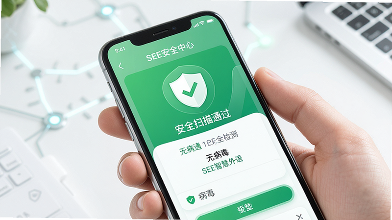 主体为手机安全中心界面,显示SEE智慧外语APP通过安全检测,布局简洁,排版清晰。风格为简约科技风,色彩以绿色和白色为主,细节处有盾牌图标,画质高清,干净无多余元素,文字显示“安全扫描通过”、“无病毒”、“SEE智慧外语”。
