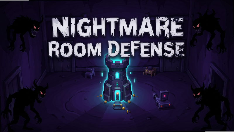 主体是Nightmare Room Defense游戏的主界面预览,布局为居中展示一个昏暗的房间场景,房间中央有一个发光的防御塔,四周角落有阴影中的怪物剪影,背景是深紫色调的暗黑风格,排版简洁清晰,文字显示