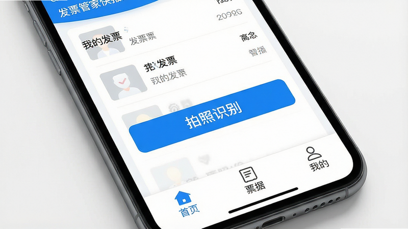 一张高清晰度的智能手机界面展示图,主体为“发票管家快报销”APP的主界面,布局清晰,顶部显示“我的发票”列表,中间突出一个醒目的蓝色“拍照识别”按钮,底部导航栏包含“首页”、“票据”、“我的”三个图标,整体风格为扁平化商务蓝白配色,界面干净无多余元素,画质细腻,真实感强