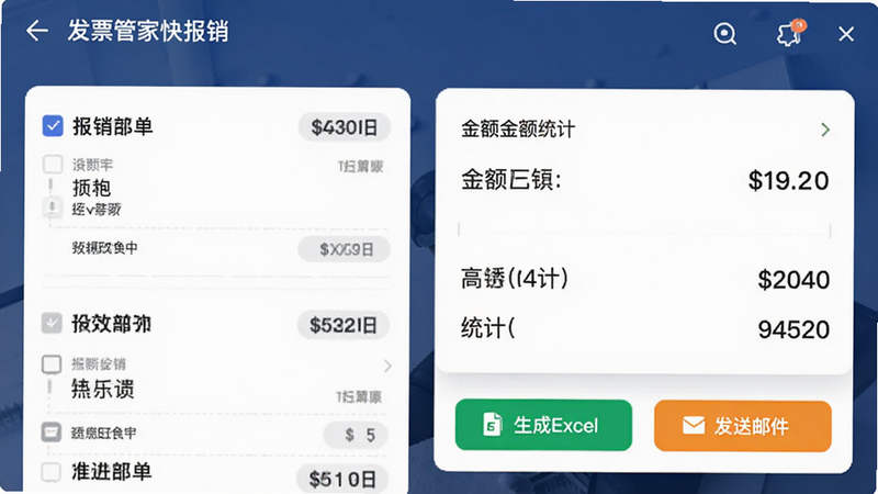展示“发票管家快报销”APP内的报销单生成界面,左侧为勾选的发票列表,右侧为汇总的金额统计卡片,下方有“生成Excel”和“发送邮件”两个高亮按钮,界面整洁有序,配色专业,体现高效办公氛围,无杂乱背景