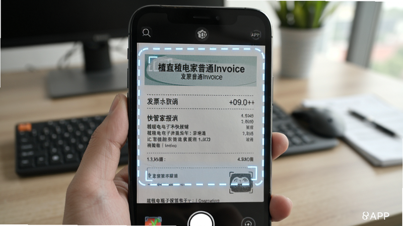 手机摄像头视角拍摄一张增值税电子普通发票的特写,发票内容清晰可见,周围有虚线框标注识别区域,背景为模糊的办公桌,光线柔和,突出“发票管家快报销”APP正在进行的识别过程,科技感强,画面清晰
