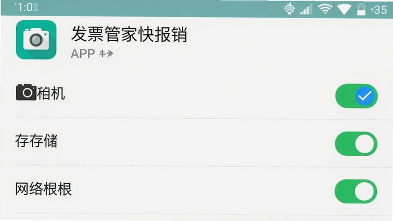 手机设置权限界面截图,显示“发票管家快报销”APP的相机、存储、网络权限均已开启,界面简洁,勾选状态清晰可见,背景为Android系统设置风格,无其他干扰元素