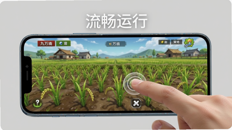 主体为手机侧视图,屏幕显示九万亩游戏运行界面,布局简洁,背景为纯色,排版突出手机边框与屏幕内容,风格为科技感与田园风结合,细节展示手指点击屏幕种植稻苗的动作,画质清晰,干净无杂物,文字'流畅运行'悬浮显示