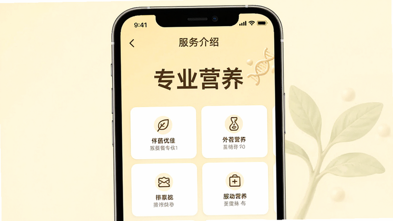 主体为手机应用内的服务介绍页面,显示“伴茵优佳”套餐详情,背景为淡黄色,中央有“专业营养”字样,布局卡片式,排版清晰,风格温馨专业,细节展示服务图标,画质高清,干净无多余元素