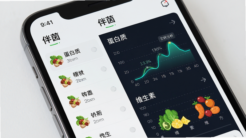 主体为手机屏幕特写,显示“伴茵”APP内的膳食规划页面,界面左侧是食材列表,右侧是对应的营养分析图表,文字清晰可见“蛋白质”、“维生素”,布局左右分栏,排版整齐,风格现代简约,细节展示图表动态效果,画质清晰,干净无多余元素