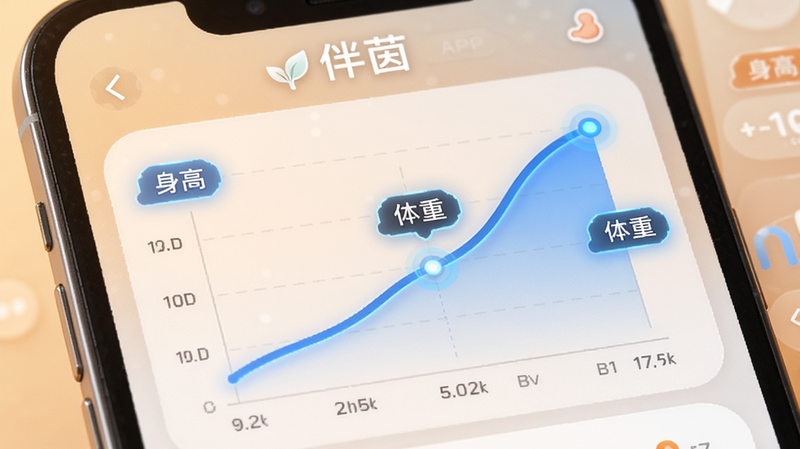 主体为手机屏幕上的数据图表界面,显示“伴茵”APP的成长监测模块,中央是一条平滑向上的蓝色生长曲线,周围环绕着“身高”、“体重”标签,布局居中对称,排版数据化,风格科技感与温馨感结合,细节高亮显示关键数据点,画质高清,干净无多余元素