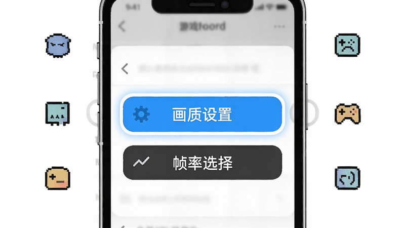 主体为手机界面示意图,展示游戏设置选项,高亮显示“画质设置”和“帧率选择”按钮,周围有简单的图标装饰,风格简洁现代,白色背景,清晰易读,无复杂背景元素