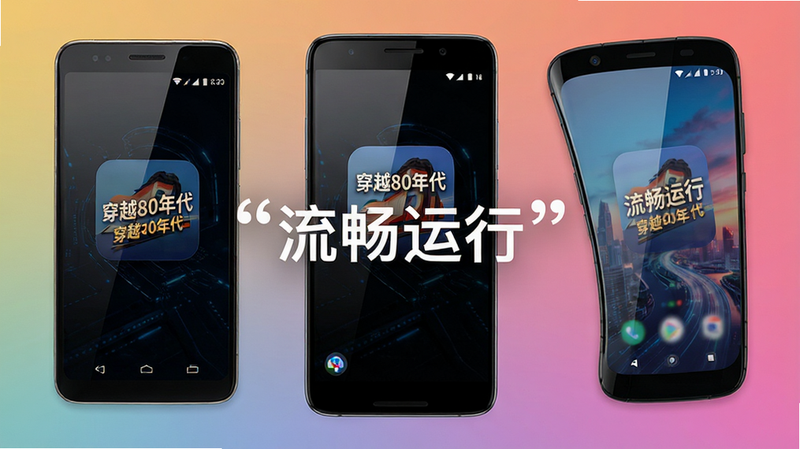 主体为“穿越80年代”App在多款不同品牌安卓手机上的运行效果展示,背景为纯色渐变,布局三角形构图,排版简洁,风格为科技感UI设计,细节展示手机边框和屏幕反光,文字“流畅运行”加引号,画质清晰,干净,无多余元素
