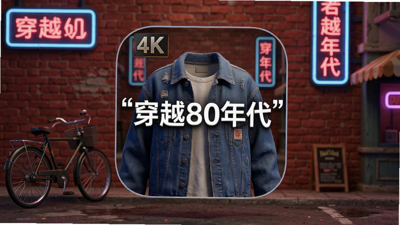 主体为“穿越80年代”App的高清图标悬浮在复古80年代街景背景中央,背景包含老式自行车、红砖墙和霓虹灯牌,布局居中对称,排版整洁,风格为写实3D渲染,细节丰富如衣物纹理和街道质感,文字“穿越80年代”清晰加引号,画质4K,干净,无多余元素