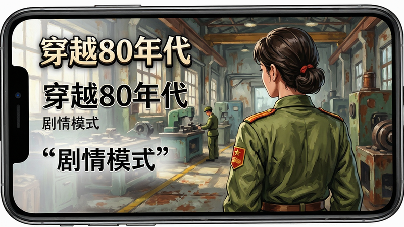 主体为手机屏幕展示“穿越80年代”游戏界面,屏幕内显示一位穿着80年代绿军装的女性角色背影,背景是80年代工厂车间,布局左侧文字描述右侧人物,排版紧凑,风格为二次元厚涂,细节展示军装褶皱和工厂锈迹,文字“剧情模式”加引号,画质高清,干净,无多余元素