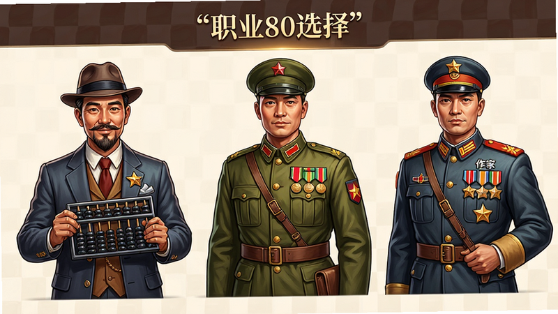 主体为“穿越80年代”App的角色选择界面,展示三个不同职业装扮的角色立绘:商人、军人、作家,布局横向排列,排版清晰,风格为精美插画,细节丰富如商人手持算盘、军人佩戴勋章,文字“职业选择”加引号,画质高保真,干净,无多余元素
