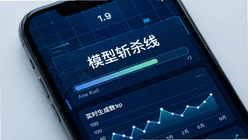 一张高清智能手机屏幕特写,屏幕中央显示“模型斩杀线”应用界面,背景为深蓝色科技网格,界面顶部有清晰的版本号“1.9”,中间是一个正在运行的测试进度条,下方显示实时生成的测试数据图表,整体风格现代简约,光影柔和,突出科技感与专业性,画质高清,无多余元素