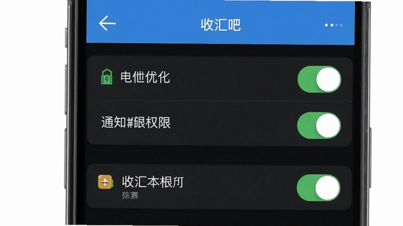 主体为“收汇吧”手机后台设置界面,布局为开关列表,排版垂直,风格为系统原生风,细节包含电池优化与通知权限开关,画质清晰,干净,无多余元素