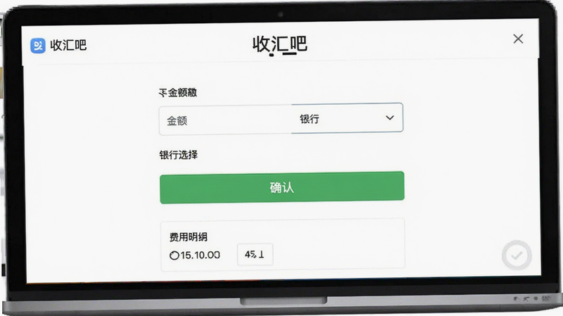 主体为“收汇吧”提现操作页面,布局为表单式,包含金额输入框与银行卡选择下拉菜单,排版清晰,风格为极简主义,细节包含确认按钮与费用明细展示,画质锐利,干净,无多余元素