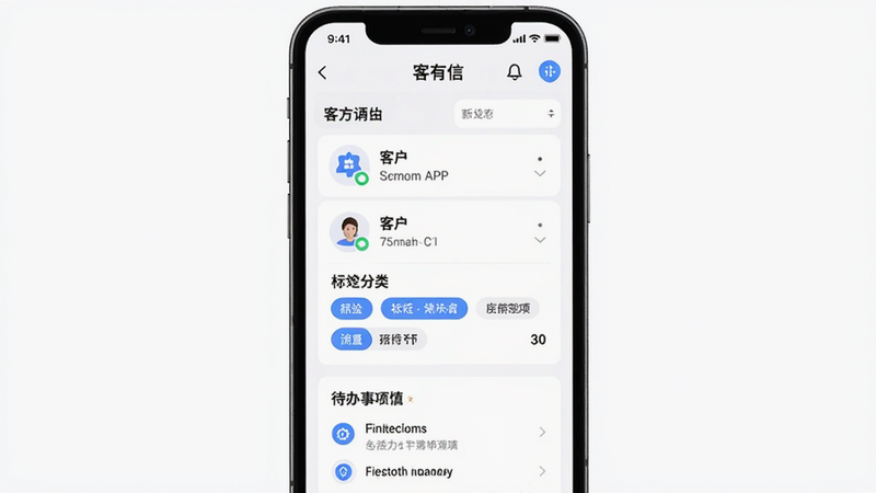 ����Ϊ�ֻ�Ӧ�ý���չʾ�����־��У�չʾ������APP������Ļ�������ͻ��б�����ǩ����ʹ�������ģ�飬�Ű������������Ϊ�ִ���ƽ����ƣ�ϸ�ڴ�������ɫ�Ƽ��е�ͼ�����ɫ���������ʸ��壬�ɾ��޶���Ԫ��