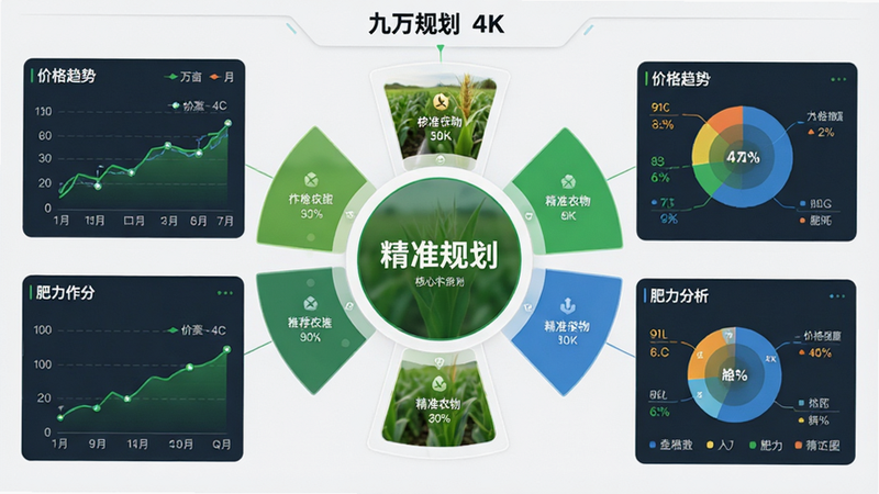 主体为九万亩作物规划界面,布局为中心辐射状,中间为核心推荐作物,周围环绕价格趋势与肥力分析,风格为商务简约,细节丰富,画质4K,干净,无多余元素,文字“精准规划”