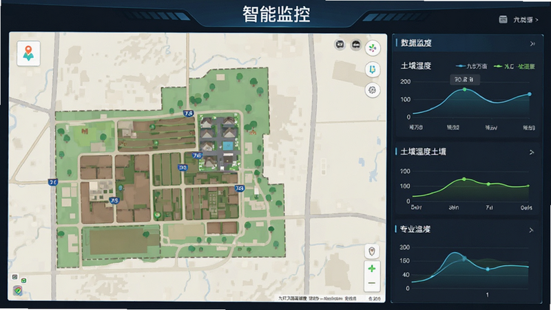 主体为九万亩土地监控界面,布局分为左右两部分,左侧为地图视图,右侧为数据面板,风格为现代扁平化,细节显示土壤湿度曲线,画质高清,干净,无多余元素,文字“智能监控”