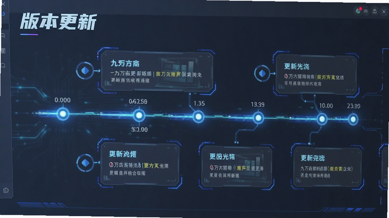 主体为九万亩更新日志界面,布局为时间轴式,显示版本号与更新亮点,风格为科技感,细节丰富,画质高清,干净,无多余元素,文字“版本更新”