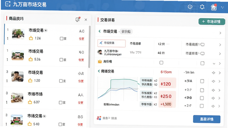 主体为九万亩市场交易界面,布局为列表式,左侧为商品列表,右侧为交易详情,风格为电商风格,细节显示价格对比,画质高清,干净,无多余元素,文字“市场交易”
