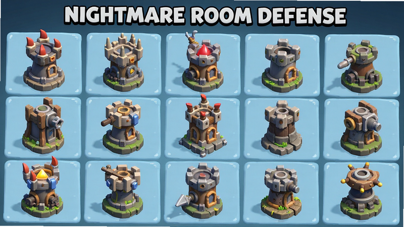 主体为《Nightmare Room Defense》防御塔展示界面,布局为网格状排列,展示多种不同造型的防御塔模型,风格为3D卡通渲染,细节精致,画质高,干净背景,无多余元素
