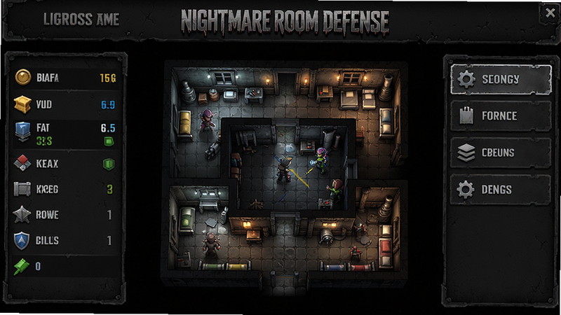 主体为《Nightmare Room Defense》游戏主界面,布局清晰,左侧显示资源栏,中间为俯视角的房间防御地图,右侧为功能菜单,风格为暗黑写实风,细节丰富,画质高清,干净无多余元素