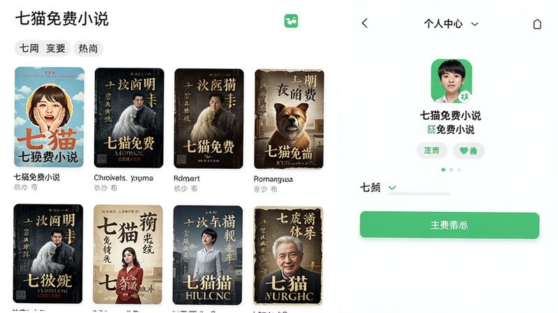 ����Ϊ��è���С˵APP�����������������棬���ֲ������ҷ����ṹ�����չʾ�����鼮�����б����Ҳ���ʾ����������ڣ��Ű��������򣬷��Ϊ�ִ���Լ��ƽ����ƣ�ϸ�ڰ������������ֱ��⡰��è���С˵���������ǩ�����ʸ��壬�����ɾ��޶���Ԫ��