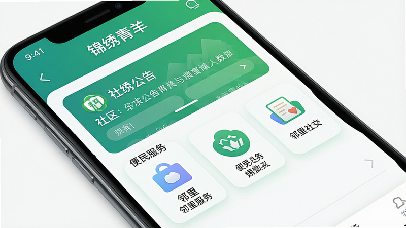主体为手机屏幕界面,显示名为“锦绣青羊”的APP首页,布局清晰,包含社区公告、便民服务、邻里社交三个主要板块,风格清新现代,细节展示图标精致,画质高清,干净无多余元素,文字“锦绣青羊”清晰可见