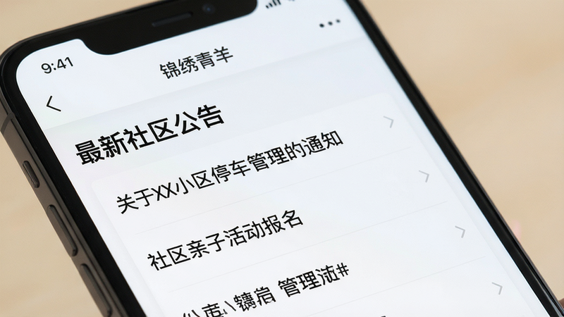 手机屏幕特写,显示“锦绣青羊”APP的资讯列表页面,标题为“最新社区公告”,列表项包括“关于XX小区停车管理的通知”、“社区亲子活动报名”等,排版整齐,字体清晰,背景柔和,风格简洁专业,画质高,无杂乱元素