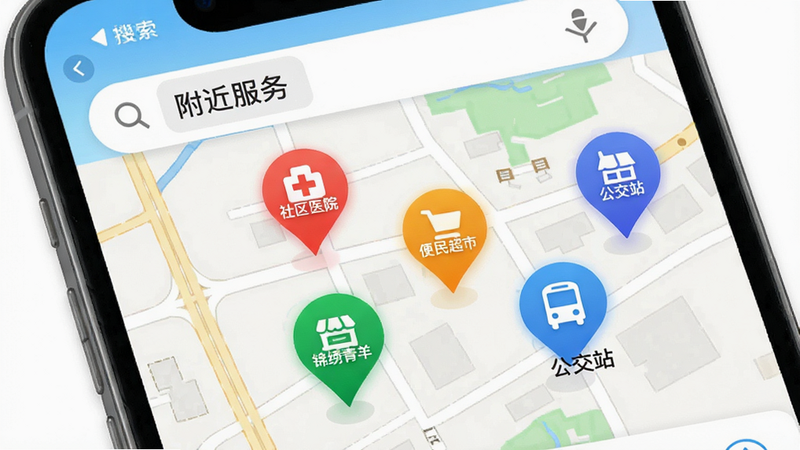 手机地图界面,显示“锦绣青羊”APP内的服务点标记,如“社区医院”、“便民超市”、“公交站”,地图风格简洁,标记图标醒目,界面顶部有搜索栏,显示“附近服务”,布局合理,细节清晰,画质高,无干扰元素