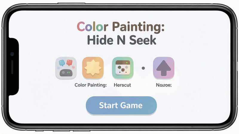 ����Ϊ�ֻ���Ļ���棬չʾColor Painting: Hide N Seek��Ϸ���˵������־��У��Ű��࣬������±�ƽ����ϸ�ڰ�����͵�ɫ��ͼ������������ְ�ť�����ʸ��壬�ɾ����޶���Ԫ�أ����ְ���
