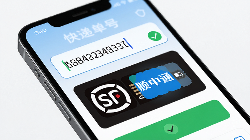 主体为手机屏幕,展示输入快递单号的界面,输入框中显示一串数字,下方显示自动识别出的快递公司图标(如顺丰、中通),布局清晰,重点突出自动识别功能,风格现代简约,细节显示识别成功的绿色对勾,画质清晰,无杂乱背景