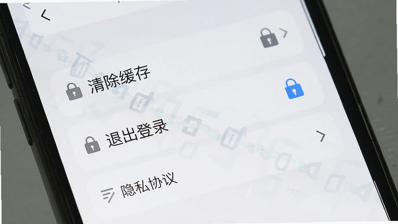 主体为手机屏幕,展示隐私设置页面,包含“清除缓存”、“退出登录”、“隐私协议”等选项,布局清晰,风格简约,细节处有锁形图标表示安全,画质高,无多余元素
