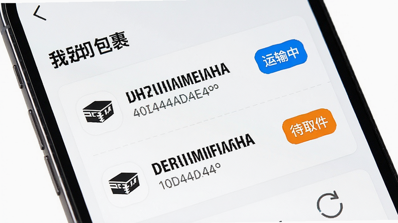 主体为手机屏幕,展示“我的包裹”列表页面,每条记录包含快递公司图标、单号后四位、当前状态标签(如“运输中”为蓝色,“待取件”为橙色),布局整齐,风格专业,细节处有下拉刷新的提示图标,画质清晰,无干扰元素