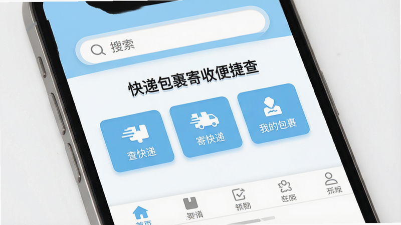 主体为手机屏幕界面,显示“快递包裹寄收便捷查”APP首页,布局简洁,顶部有搜索框,中间展示三个主要功能按钮“查快递”、“寄快递”、“我的包裹”,底部有导航栏,风格为扁平化UI设计,色彩以白色和浅蓝色为主,细节处有轻微的阴影效果,画质高清,干净无多余元素