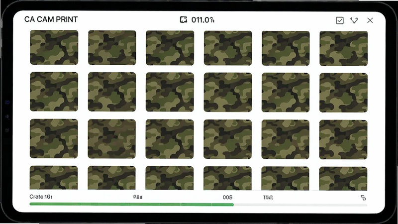 CA Camo PRINT应用中的“批量生成”功能演示图。屏幕上显示网格状排列的多个迷彩缩略图,每个缩略图颜色略有差异。下方有进度条显示生成状态。界面干净,背景纯白,突出软件功能细节,高清商业摄影风格