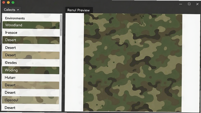CA Camo PRINT软件界面展示,左侧为环境选择列表,右侧为实时预览的林地迷彩图案。界面设计简洁,采用扁平化UI风格,主色调为深灰与军绿。文字标签清晰可见,包括“Woodland”、“Desert”等选项。高清渲染,边缘锐利,无水印