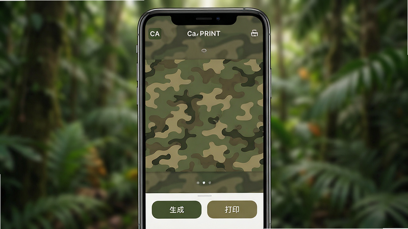 一张高清智能手机屏幕特写,显示CA Camo PRINT应用界面,背景为模糊的户外丛林环境。手机屏幕上清晰展示着正在生成的复杂迷彩图案,界面下方有“生成”和“打印”按钮。整体风格现代、科技感强,色彩以军绿和卡其色为主,光影柔和,画质清晰,无多余装饰元素