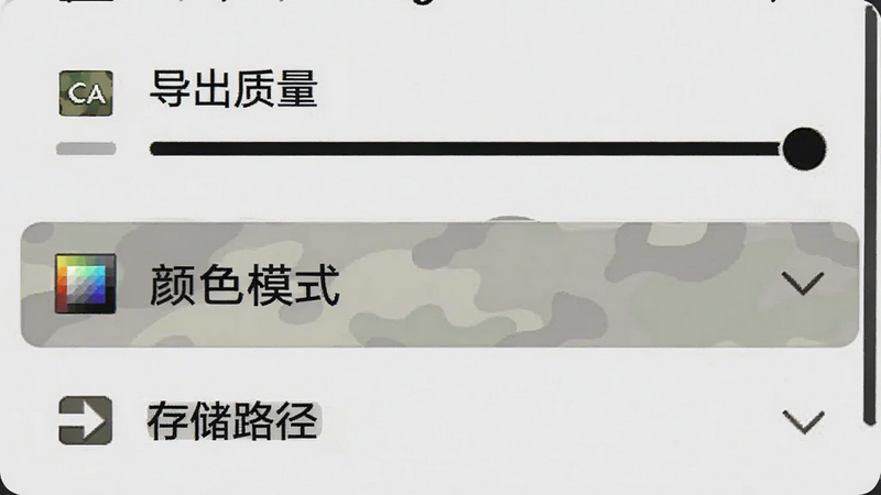 CA Camo PRINT应用设置界面特写,显示“导出质量”、“颜色模式”和“存储路径”选项。界面简洁,图标清晰,背景为浅灰色,文字黑色,高亮显示当前选中项。高清,无阴影干扰,专业软件截图风格