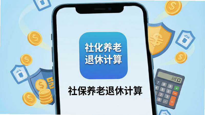 主体为手机界面展示,屏幕中央显示“社保养老退休计算”应用图标及名称,背景为干净的浅蓝色渐变,周围环绕着金币、盾牌和计算器等金融安全元素,扁平化设计风格,高清细节,无多余元素,文字清晰可读
