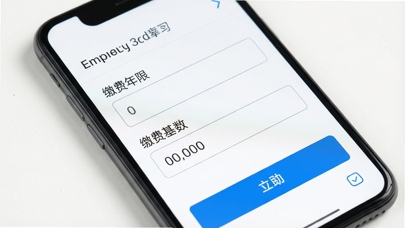 手机界面特写,显示参数填写页面,包含“缴费年限”、“缴费基数”输入框,界面简洁,白色背景,蓝色按钮,字体清晰,UI设计现代,高清,无水印