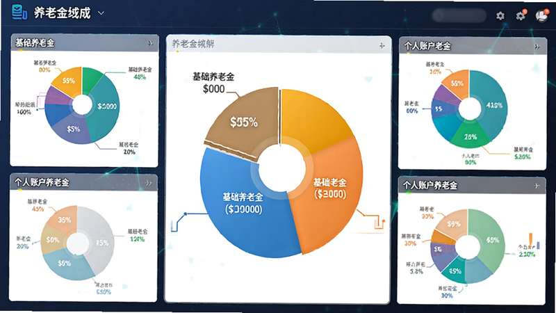 数据仪表盘风格界面,显示饼图拆解养老金构成,标注“基础养老金”和“个人账户养老金”,色彩鲜明,布局整齐,高清,专业感强