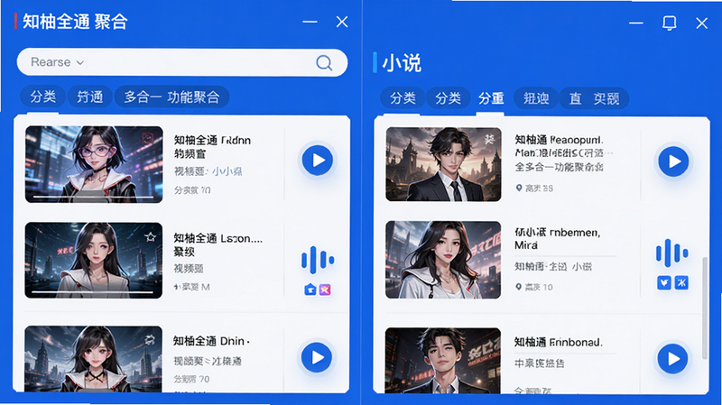 ����Ϊ֪��ȫͨ���һ���ܾۺϽ��棬����Ϊ���ҷ����Աȣ������ʾ��Ƶ�б����Ҳ���ʾС˵�б����Ű��������򣬷��Ϊ�Ƽ�����ɫ����ϸ�ڰ��������򡢷����ǩ�����Ű�ťͼ�꣬�����������ɾ����޶���Ԫ�أ����ְ���