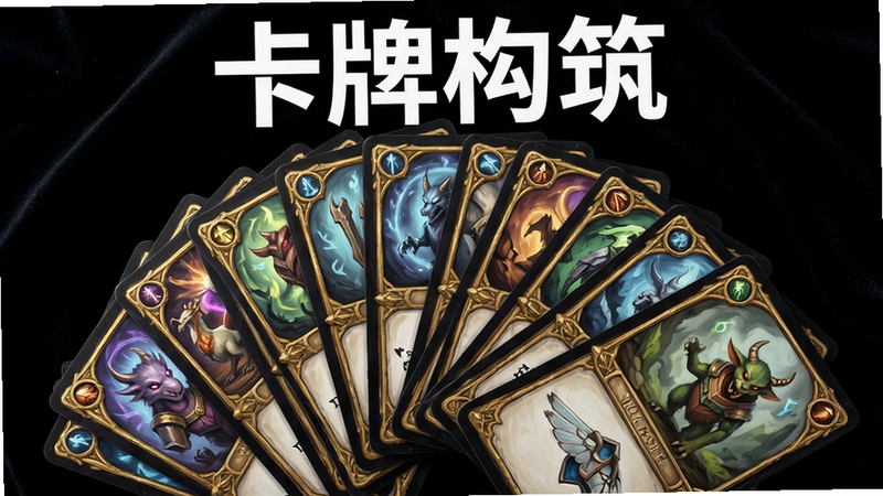 主体为一堆散落的精美卡牌,卡牌上绘有各种魔法生物与技能图标,布局为扇形展开,占据画面中心,风格为奇幻手绘风,细节丰富,卡牌边缘带有金色装饰,背景为深黑色绒布,画质极高,光影效果逼真,文字“卡牌构筑”以白色粗体显示在画面上方,画面干净,无多余杂物
